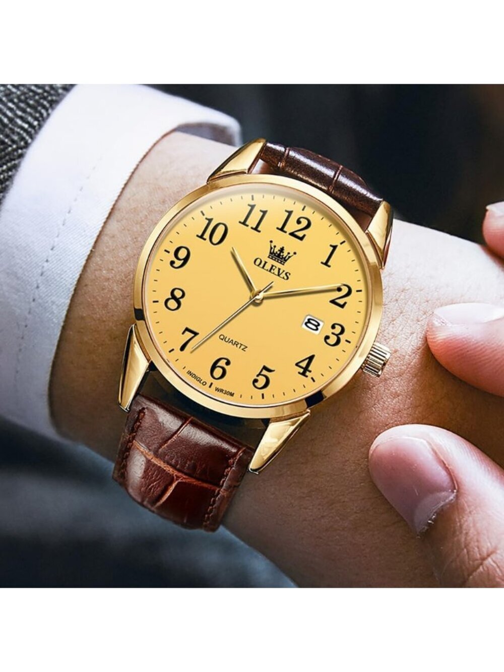 Men Brown Gold Face Analog Stainless Steel Roman Number Waterproof Classic Watch - Picture 3 of 6